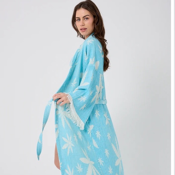 Women's Blue + White Leaf Patterned Robe One Size New 100% Organic Cotton NEW - Picture 1 of 12